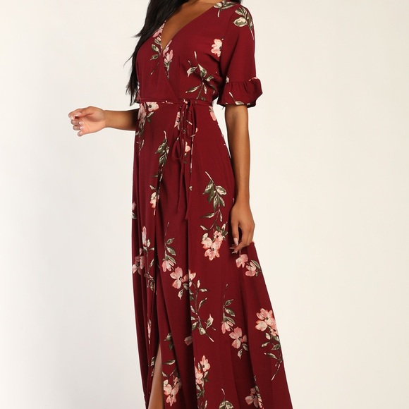 September Sunsets Burgundy Floral Print Wrap Maxi Dress - Picture 3 of 9